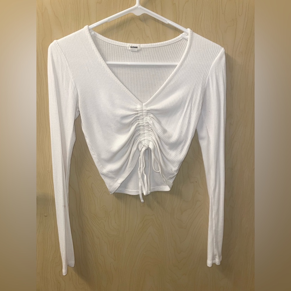 Ribbed white front tie crop long sleeve